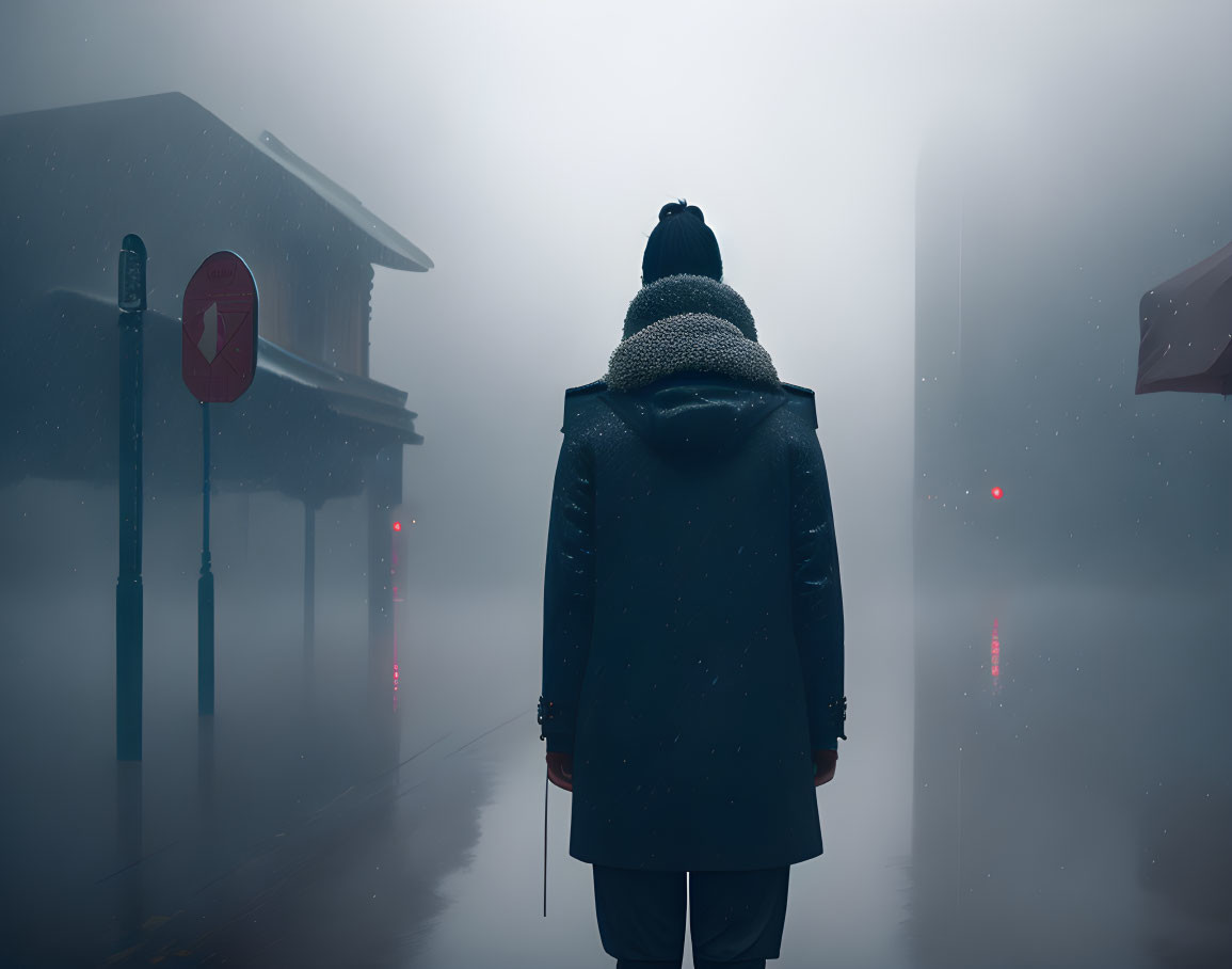 Person in Winter Coat and Beanie on Foggy Street with Road Signs and Traffic Lights