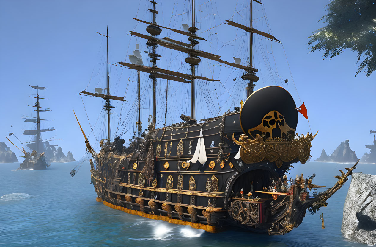 Pirate ship with skull sails on calm sea among other ships