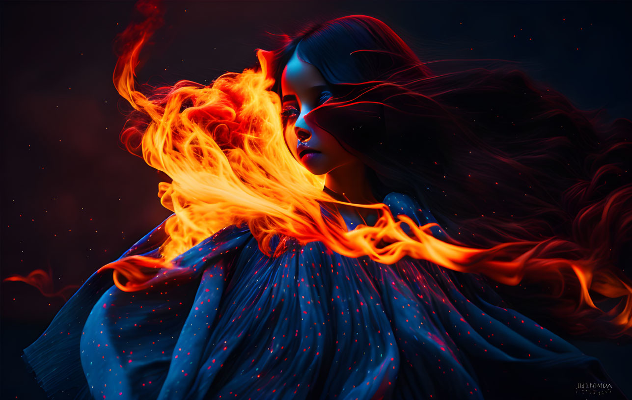 Surreal image of woman with flame-like hair and cloak on dark, starry background