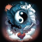 Digital art: Yin-Yang faces with wings on cosmic background