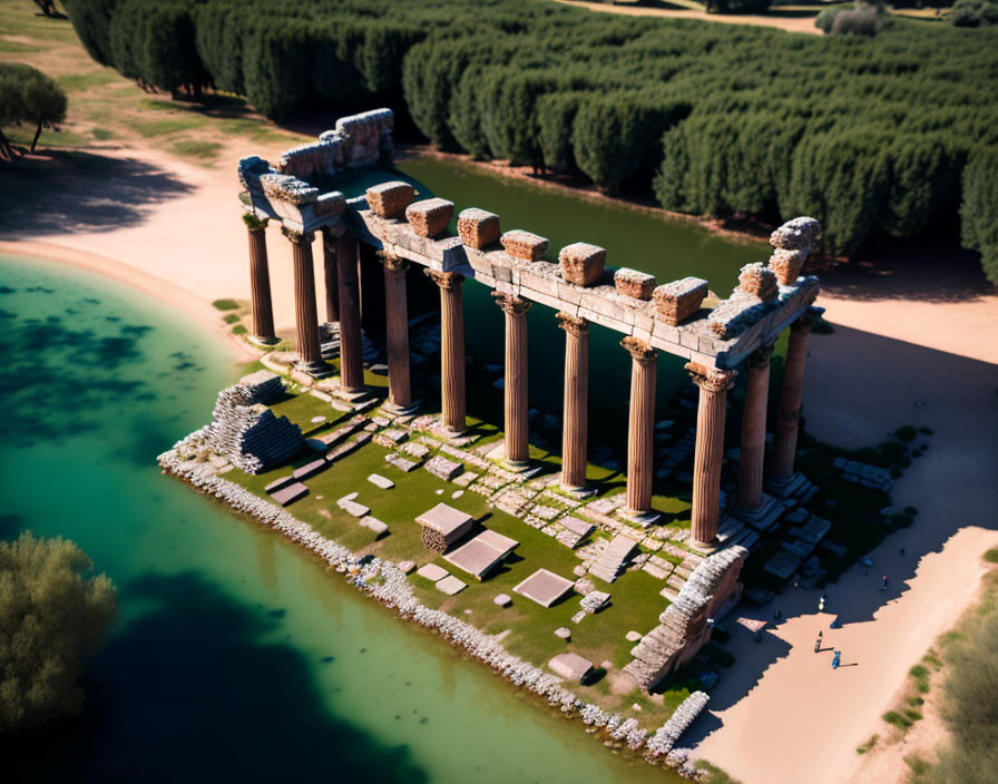Ancient columns and ruins on lush green peninsula by water