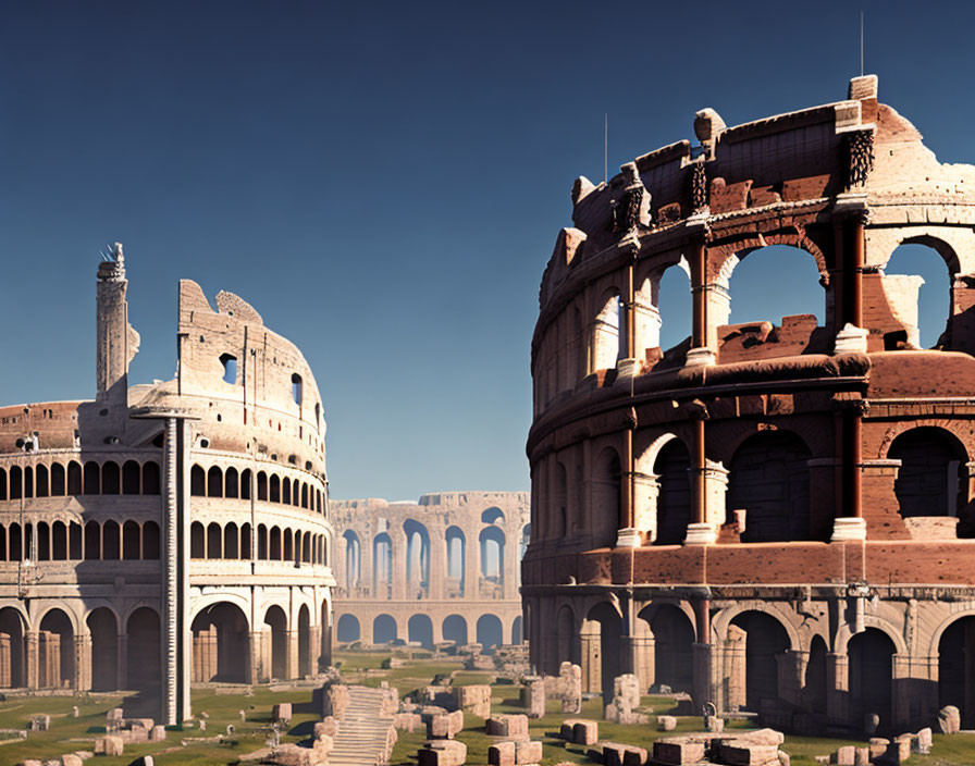 Restored Ancient Roman Colosseum Under Clear Blue Sky