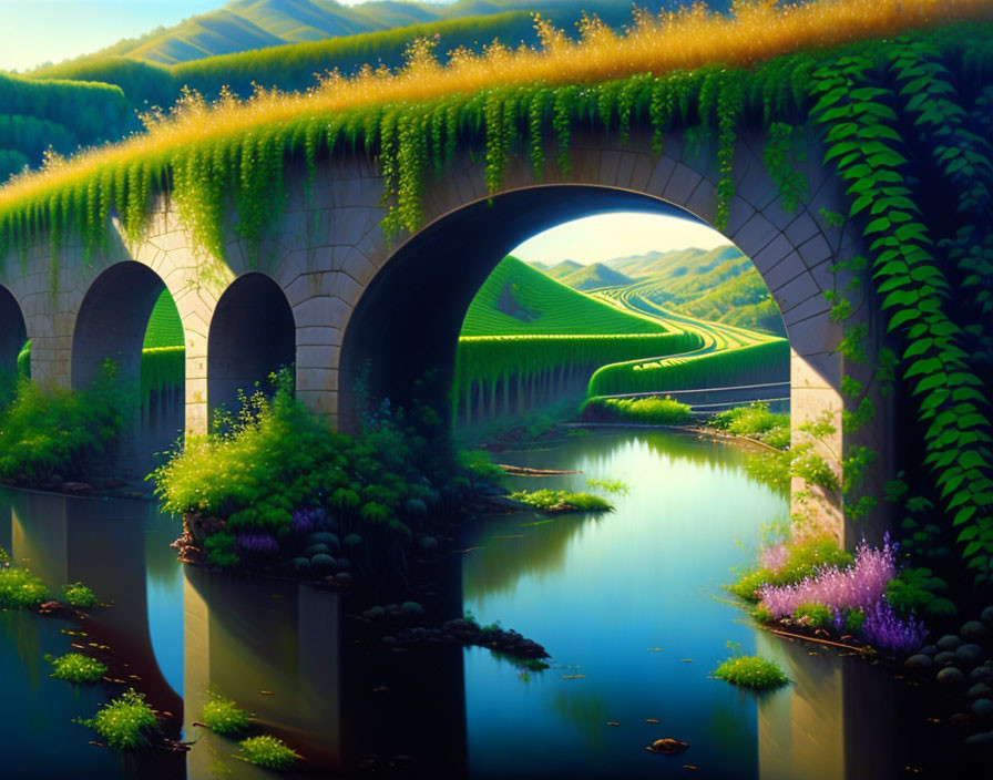 roman aquaduct overgrown with vegetation