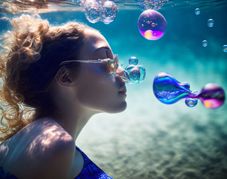 Underwater image of woman with sunglasses and iridescent bubbles in sunlight.
