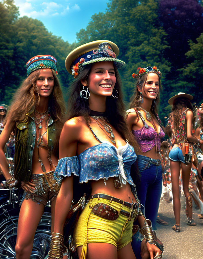 Three women in hippie attire walking outdoors with crowd and bicycles.