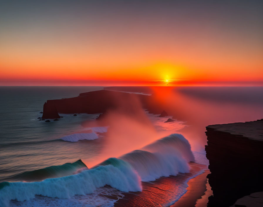 Coastal Seascape Sunset with Orange and Red Sky