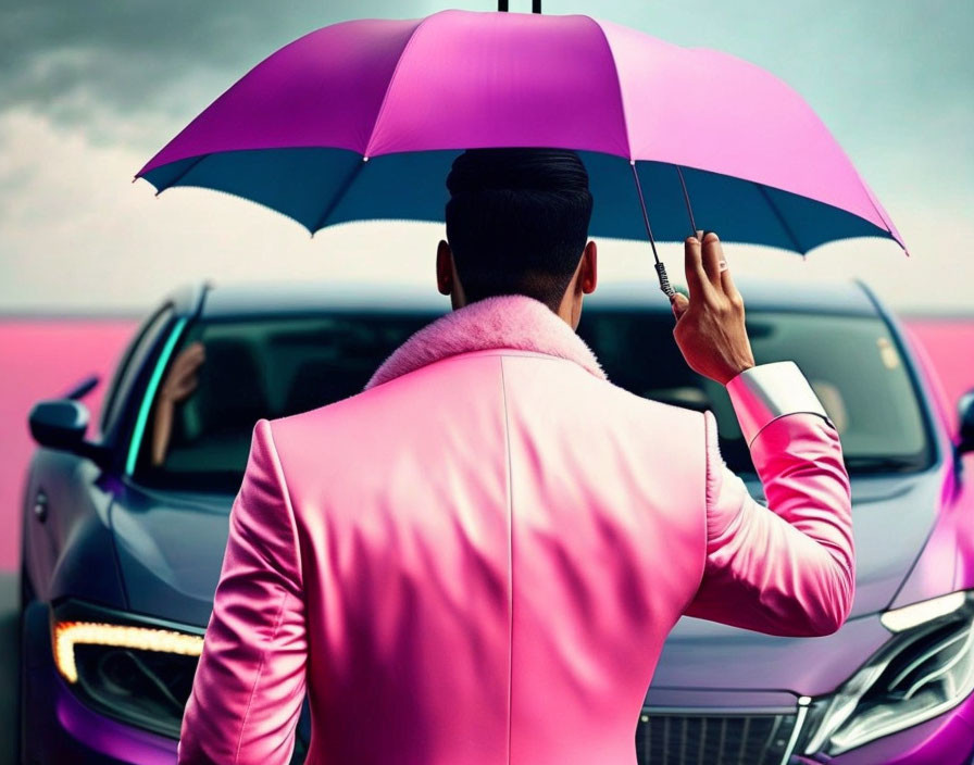 Person in Vibrant Pink Jacket with Pink and Purple Umbrella by Sleek Car under Pink Sky