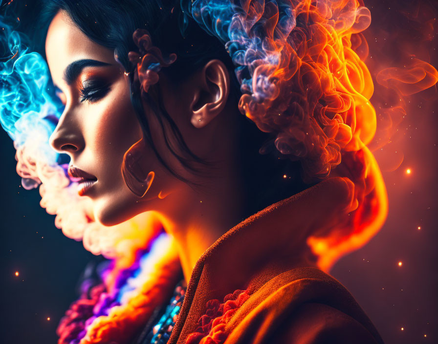Profile of woman surrounded by blue and orange smoke on dark background