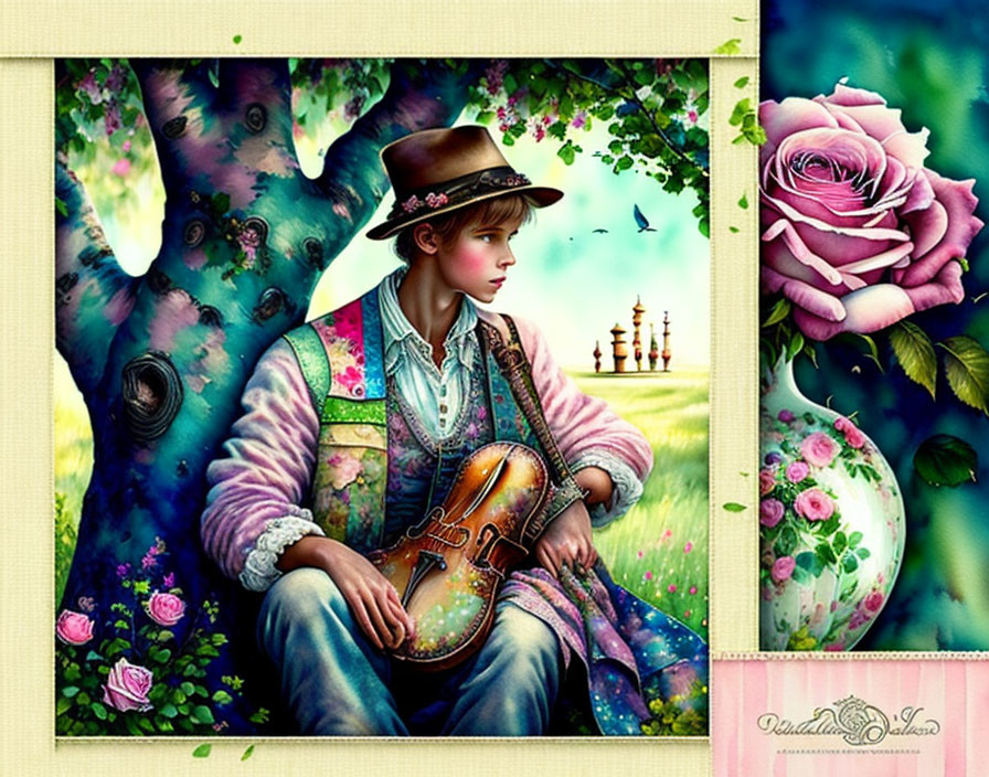 Vibrant young person with violin by tree in colorful illustration