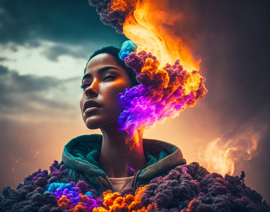 Serene woman surrounded by vibrant, fiery clouds
