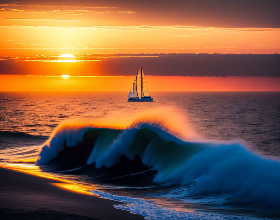 Sailboat silhouette under vibrant sunset sky and cresting wave
