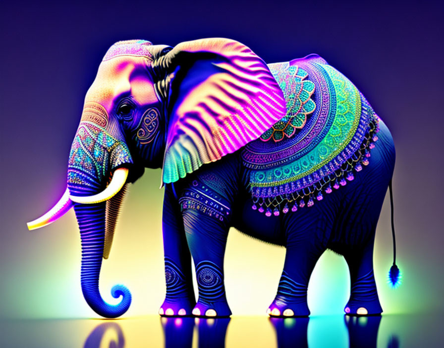 Colorful Digital Artwork: Vibrant Elephant with Glowing Outlines