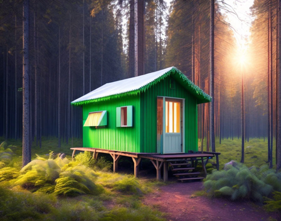 Green cabin with green roof in forest clearing at sunrise