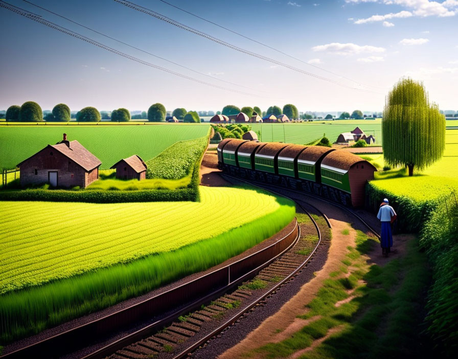 Rural countryside scene with train, houses, and person walking
