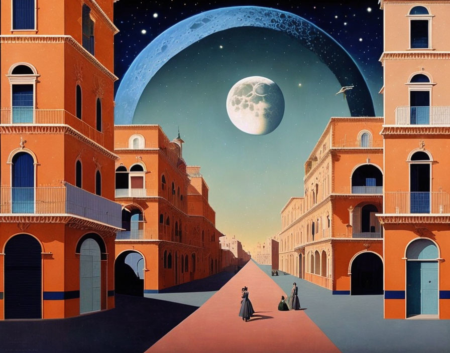 Surreal cityscape with crescent and full moon, orange buildings, period clothing, and star