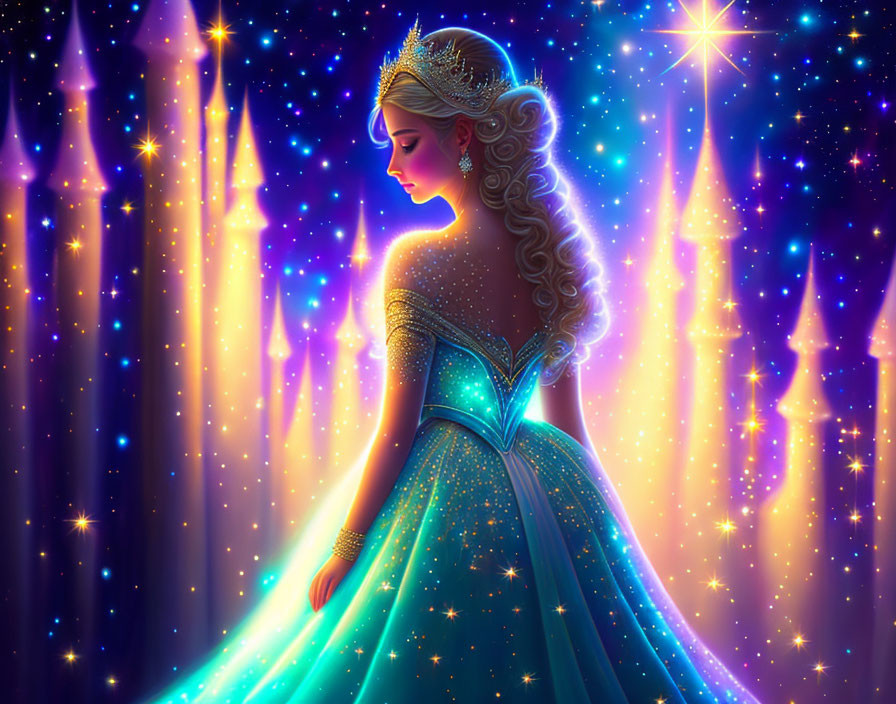 Princess in Sparkling Blue Gown Surrounded by Starry Ambiance