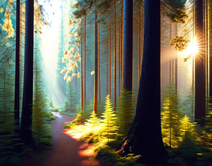 Sunlit Forest Path with Rays of Light Through Tall Pine Trees