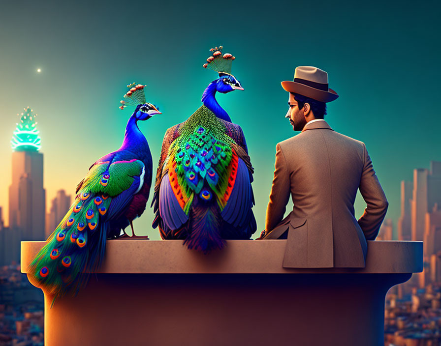 Man in hat watching vibrant peacocks on balcony at sunset