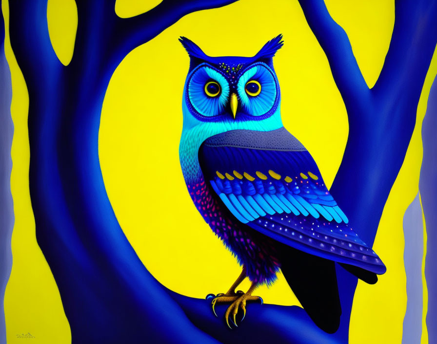 Colorful Owl Illustration on Branch Against Yellow Background