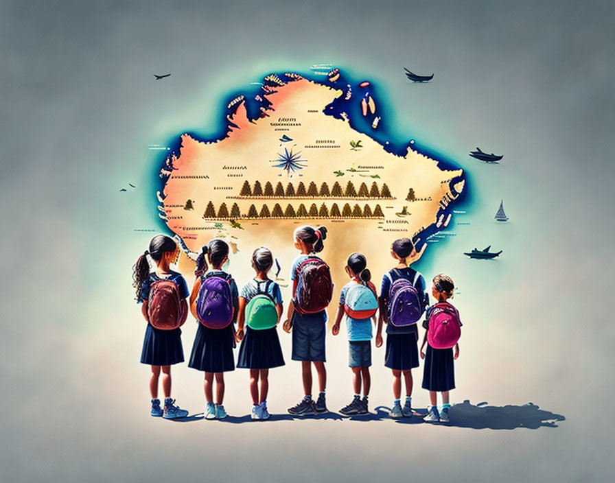 Group of Five Children with Backpacks Viewing Illustrated Map of Australia