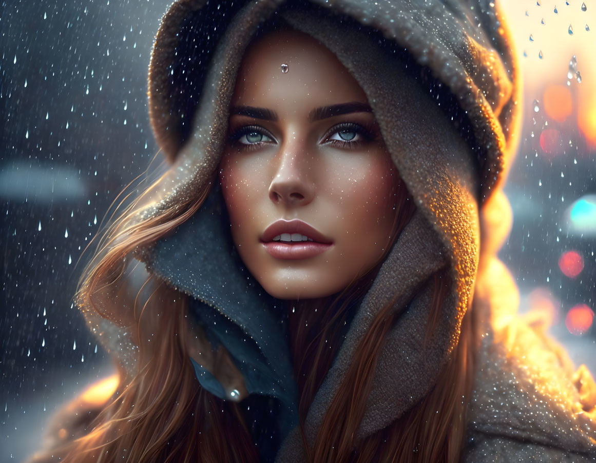 Woman with captivating eyes in warm hood under snowfall