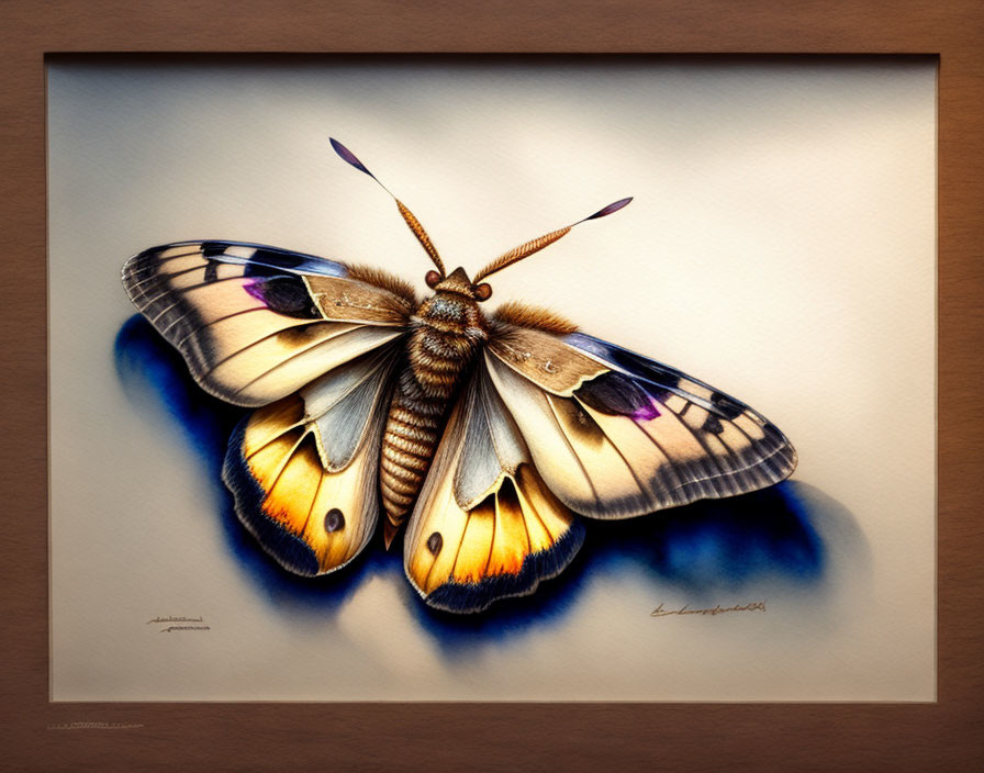Realistic Butterfly Drawing with Brown, Cream, and Violet Wings on Textured Beige Background and Artist