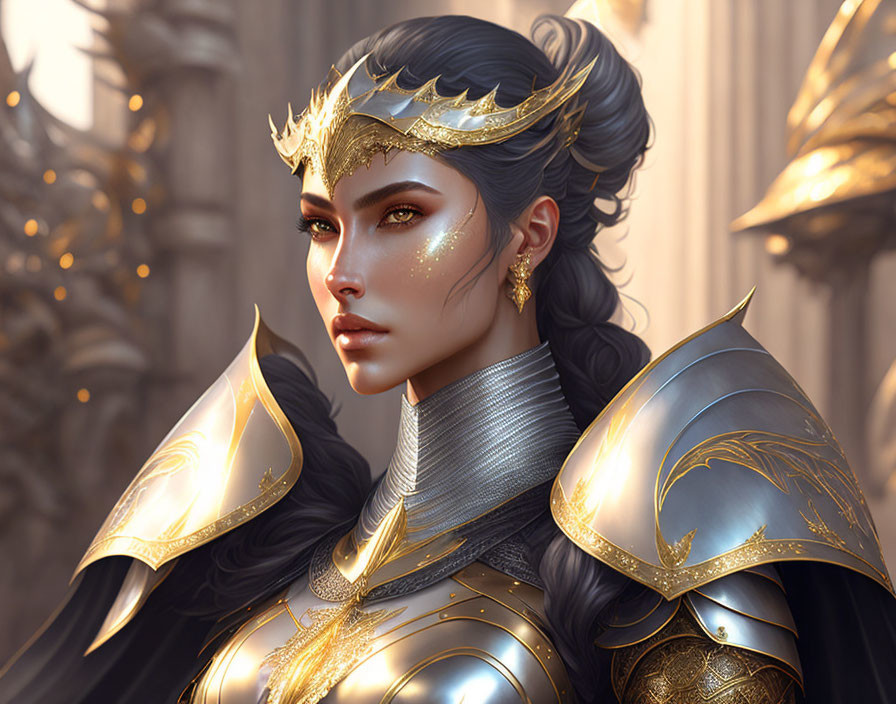 Female warrior in gold and silver armor with crown and facial markings