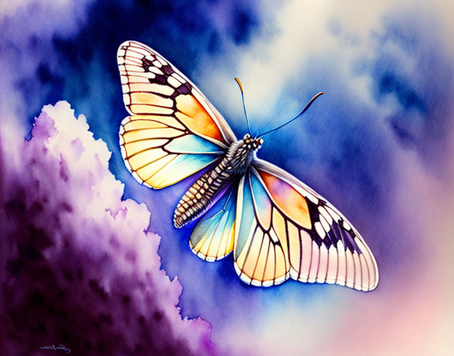 Colorful Butterfly Watercolor Painting on Blue and Purple Background