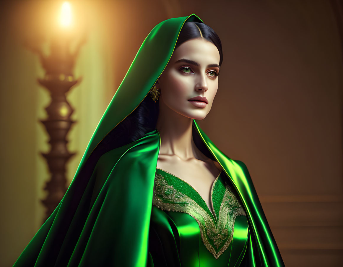 Dark-haired woman in emerald green cloak with gold embroidery on warm-lit backdrop