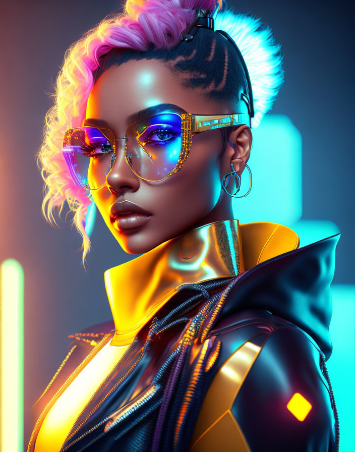 Futuristic digital portrait of a woman with pink hair and neon lighting