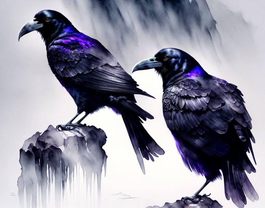 Iridescent Ravens on Moody Watercolor Background