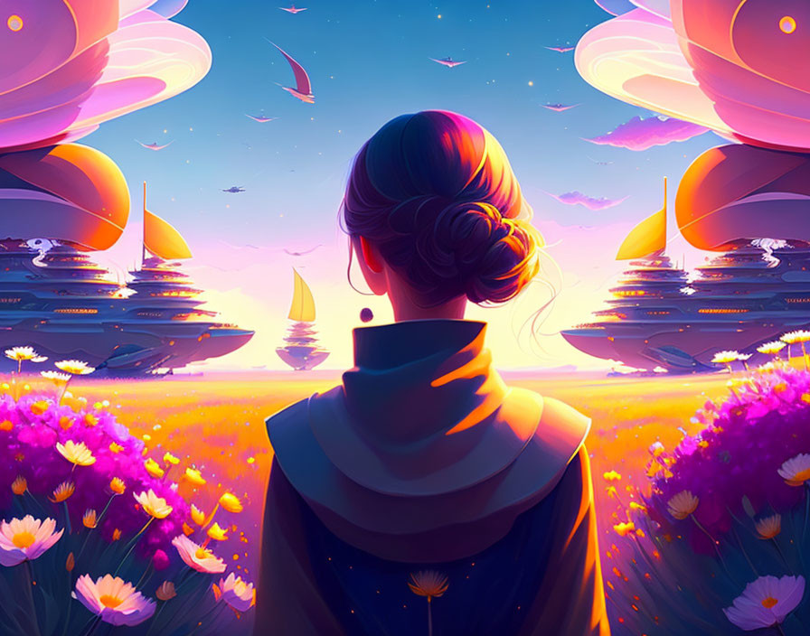 Scenic view of woman with futuristic floating cities and butterflies in vibrant field