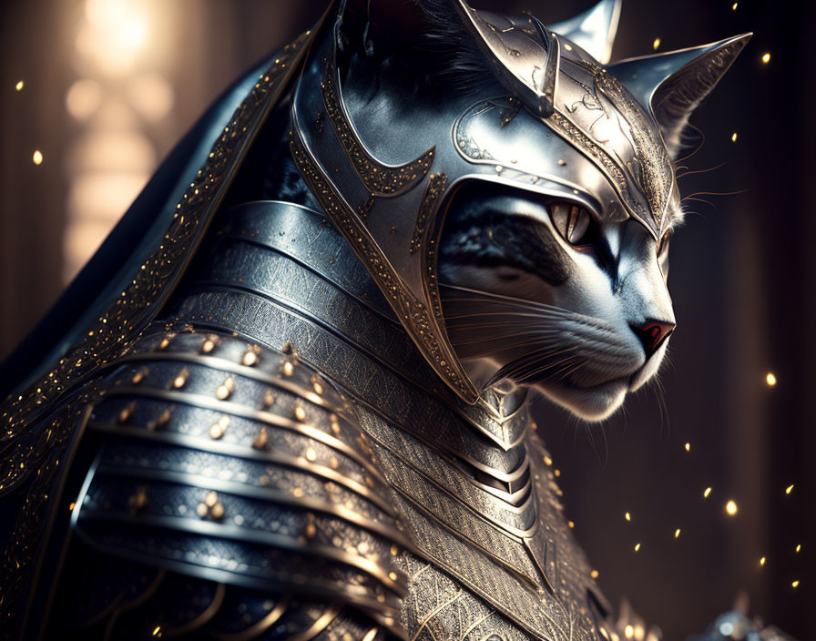 Blue-eyed cat in medieval armor against golden accents, soft bokeh.