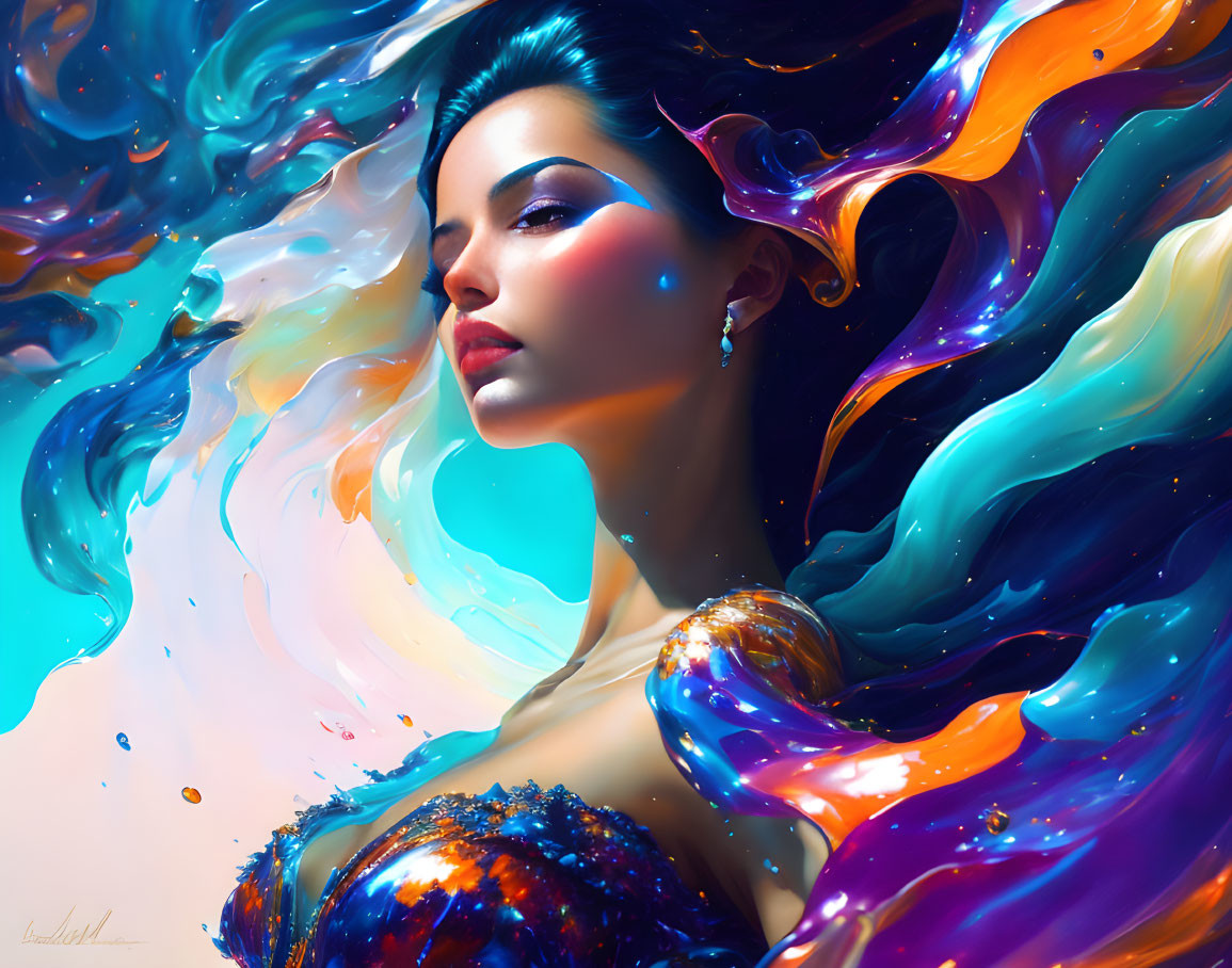 Vibrant digital artwork of woman with flowing hair in blue, orange, and purple hues