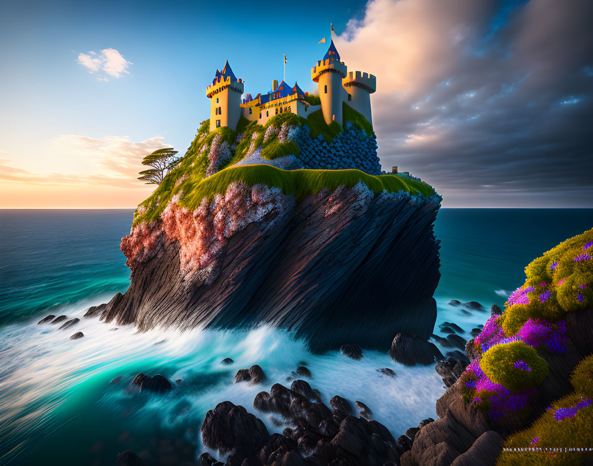 Fairytale castle on cliff overlooking ocean waves at sunset