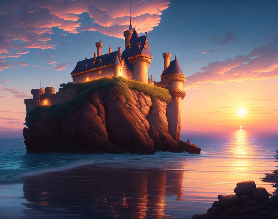 Cliffside castle at sunset with ocean view and luminous windows
