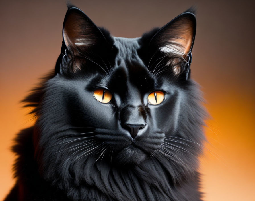 Black Maine Coon Cat with Orange Eyes and Tufted Ears on Orange Gradient Background
