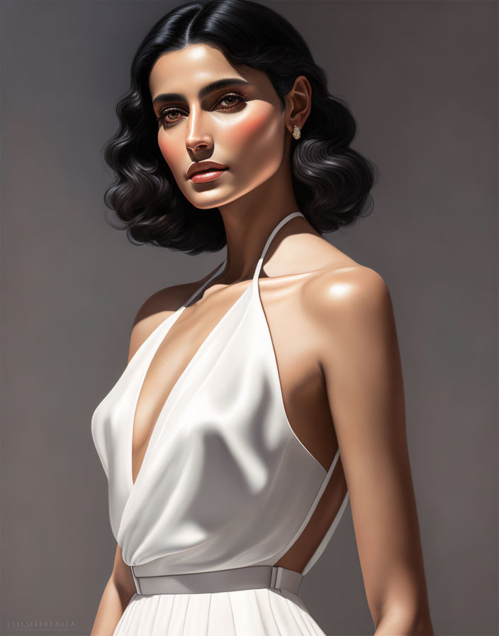 Portrait of Woman with Dark Wavy Hair in White Dress