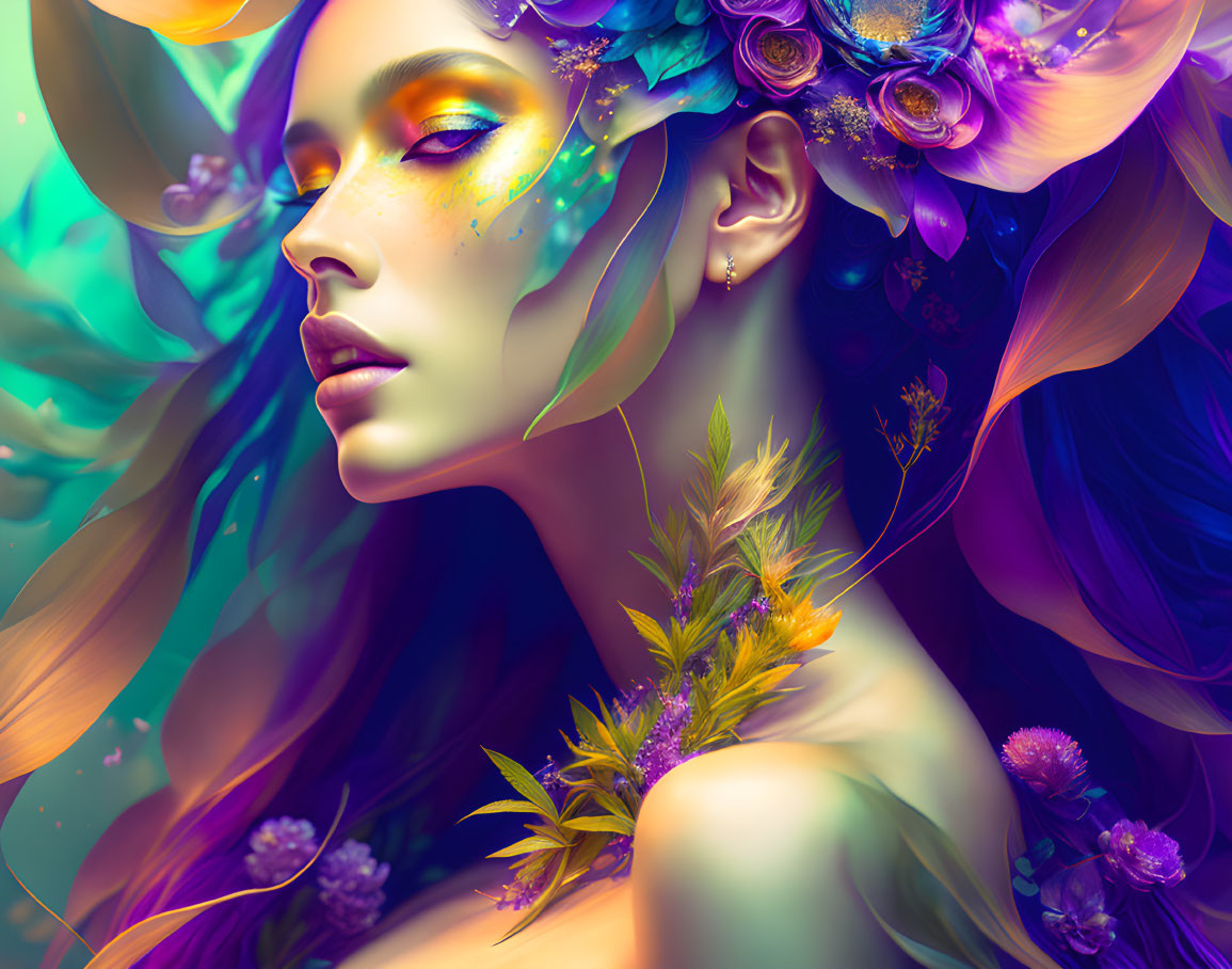 Colorful Digital Artwork Featuring Woman with Floral Elements
