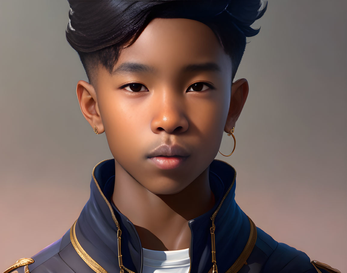 Young individual portrait with stylized hair and earring in detailed high-collared jacket.