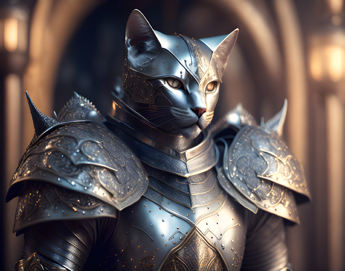 Digital artwork of cat in medieval armor with intricate designs on blurred archway background