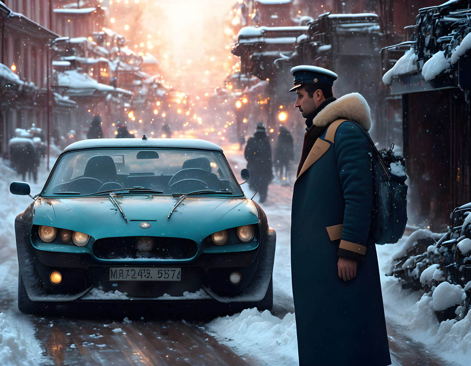 Uniformed Man by Teal Sports Car on Snow-Lined Street at Sunset
