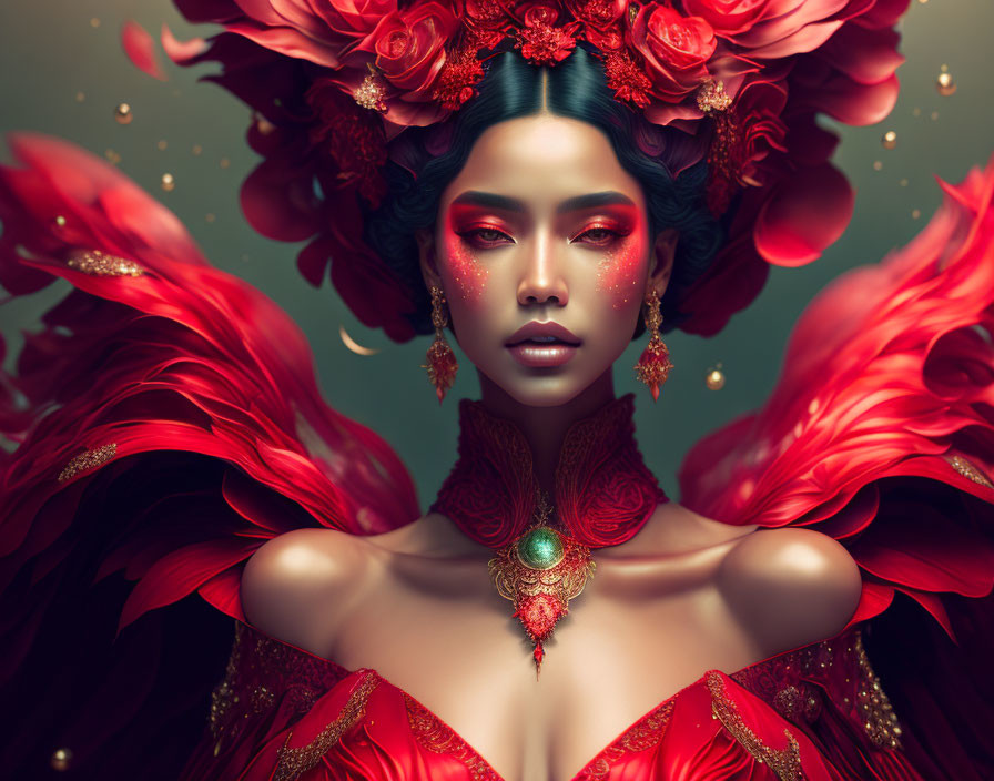 Fantasy portrait of woman with red flowers, feathers, and jewels on green background