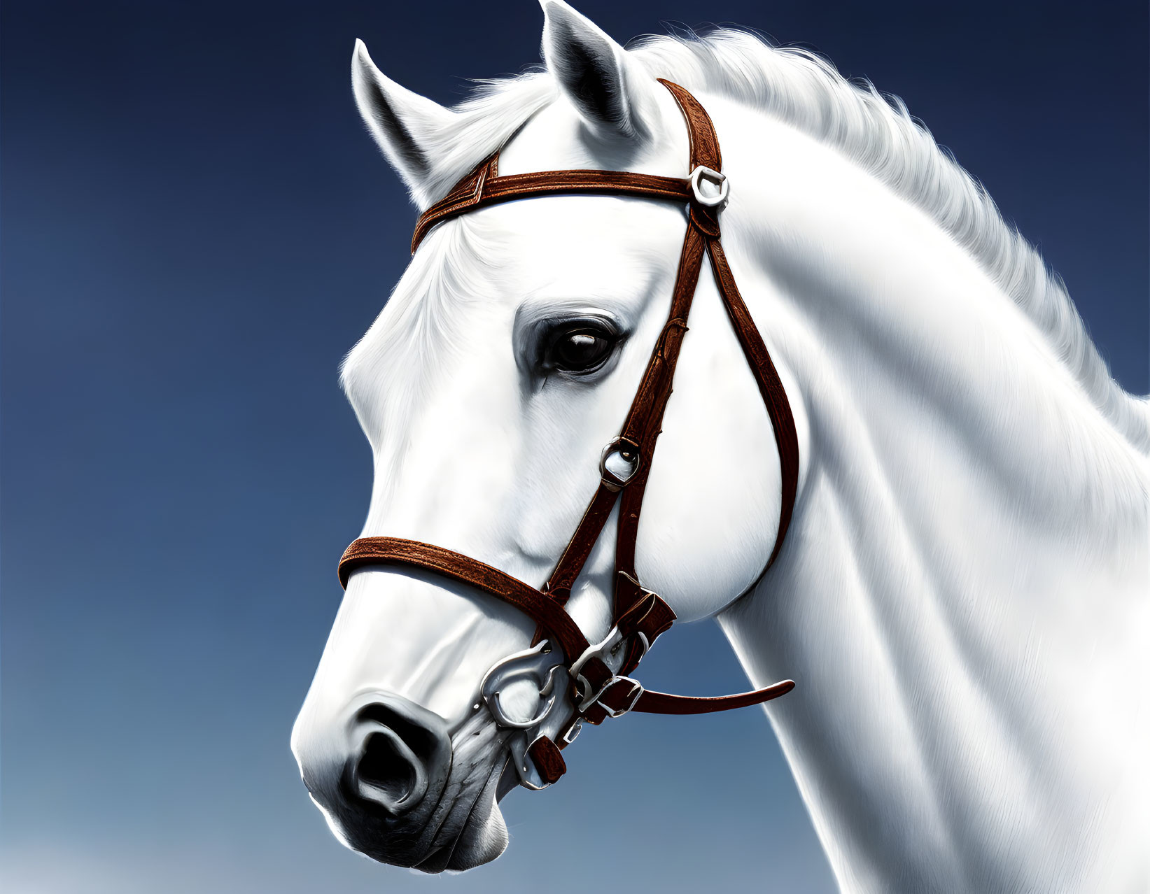 White Horse with Brown Bridle Against Blue Sky