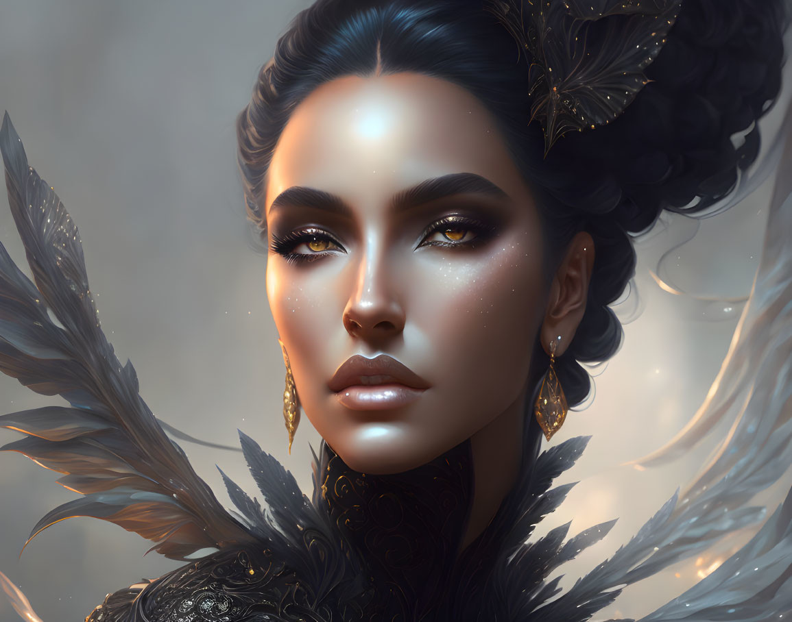 Digital Artwork: Woman with Dark Hair and Golden Eyeshadow