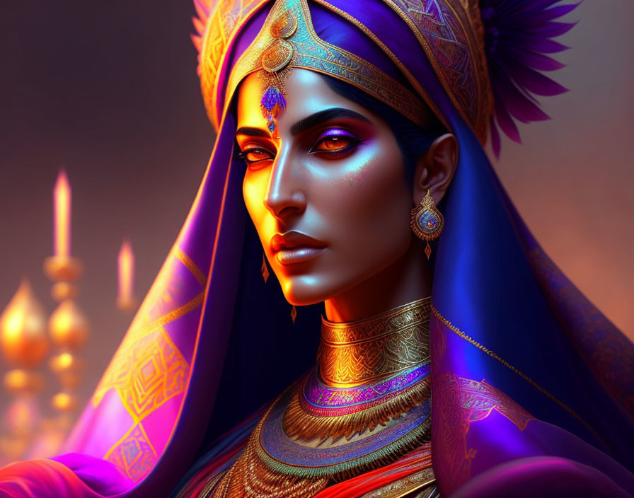 Regal woman in vibrant purple attire and jewelry against warm background