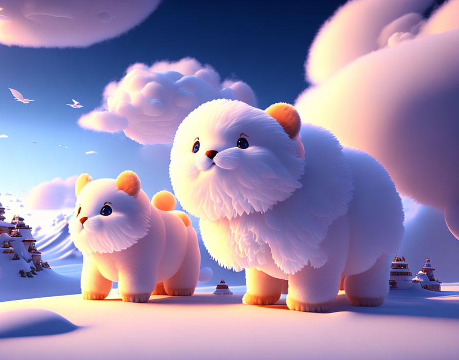 Stylized fluffy dog-like creatures in snowy landscape