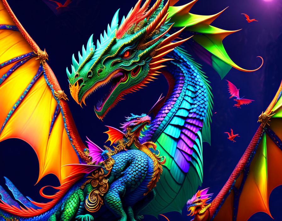 Colorful Mythical Dragon Artwork on Dark Blue Background
