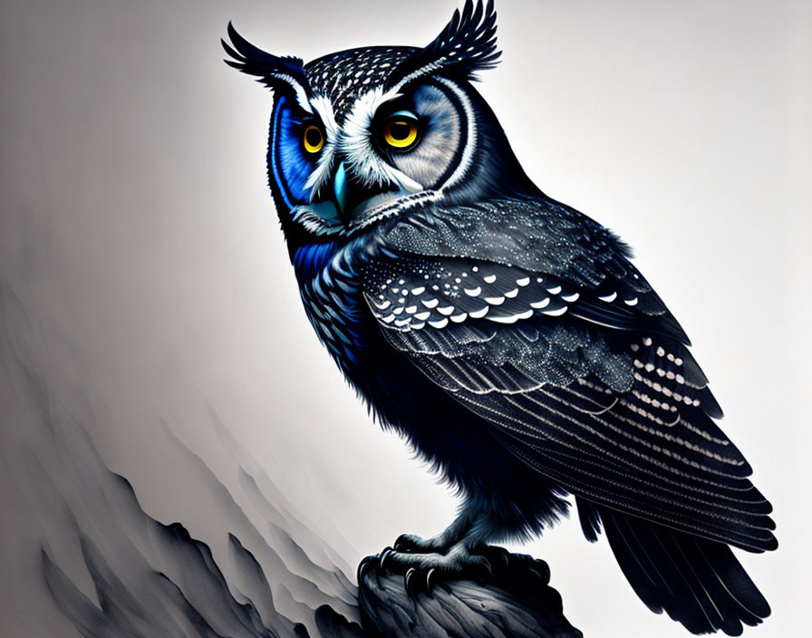 Detailed Owl Illustration with Blue and Black Plumage