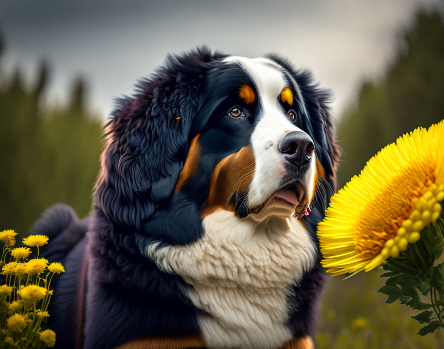 Bernese Mountain Dog with yellow flowers and bokeh background